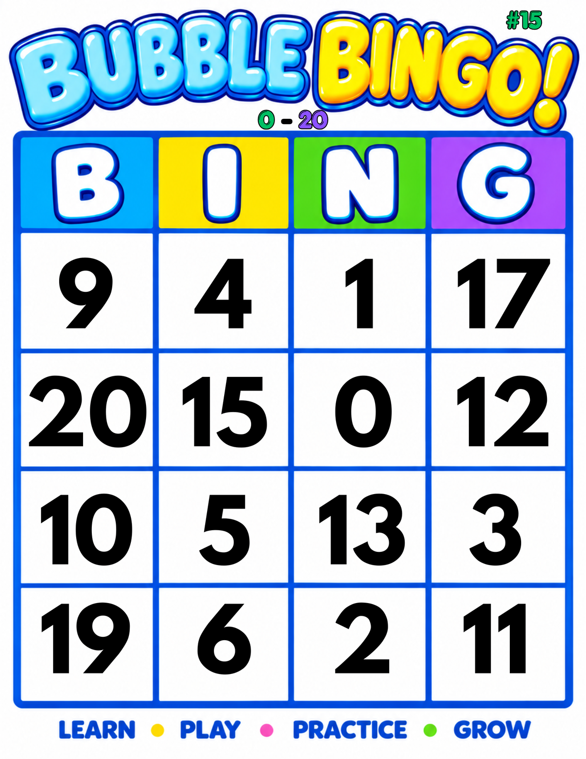 BUBBLE BINGO GAME|0-20 ADDITION