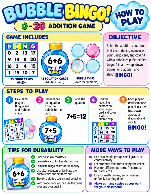 BUBBLE BINGO GAME|0-20 ADDITION