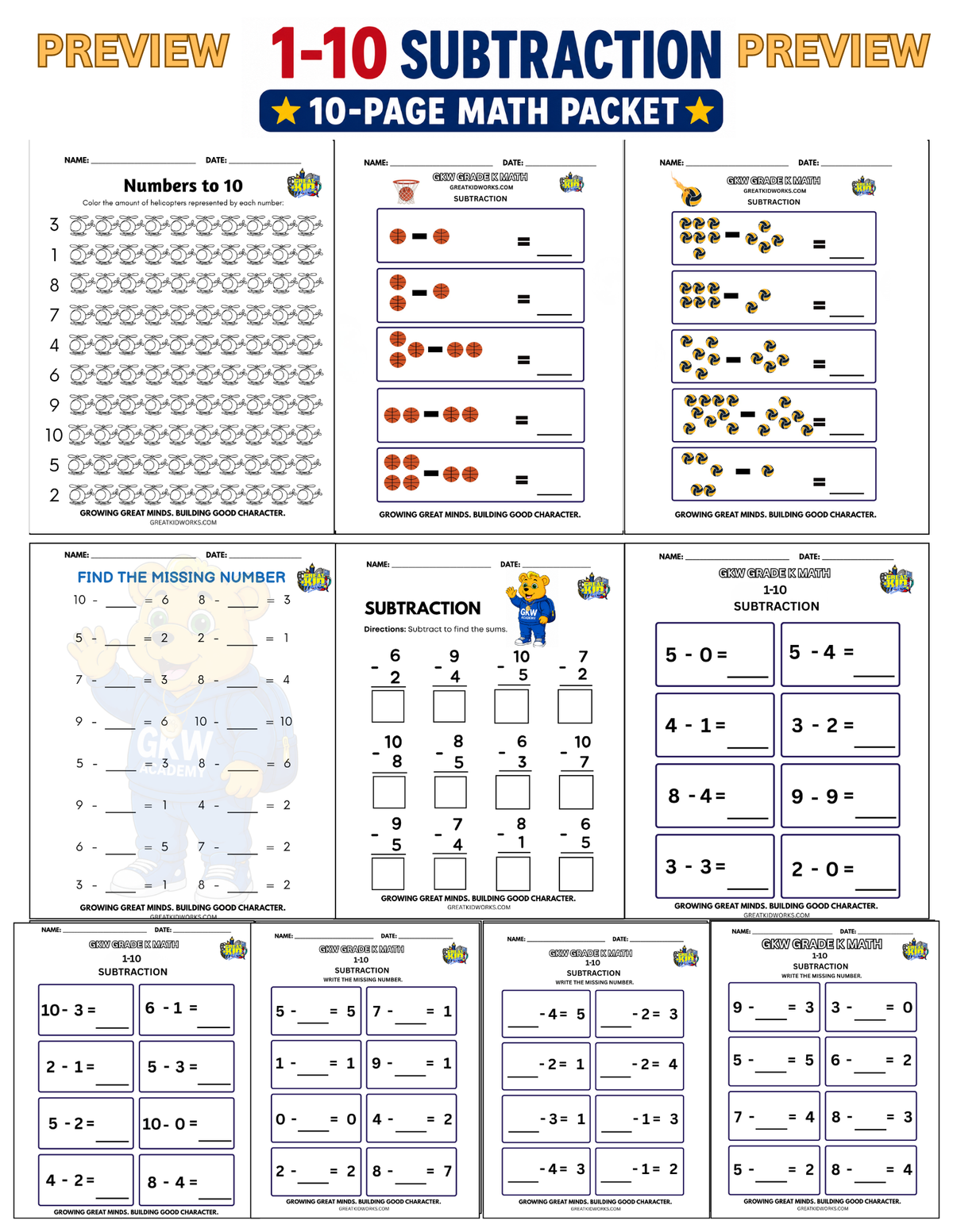 10 PAGE GRADE K SUBTRACTION PACKET