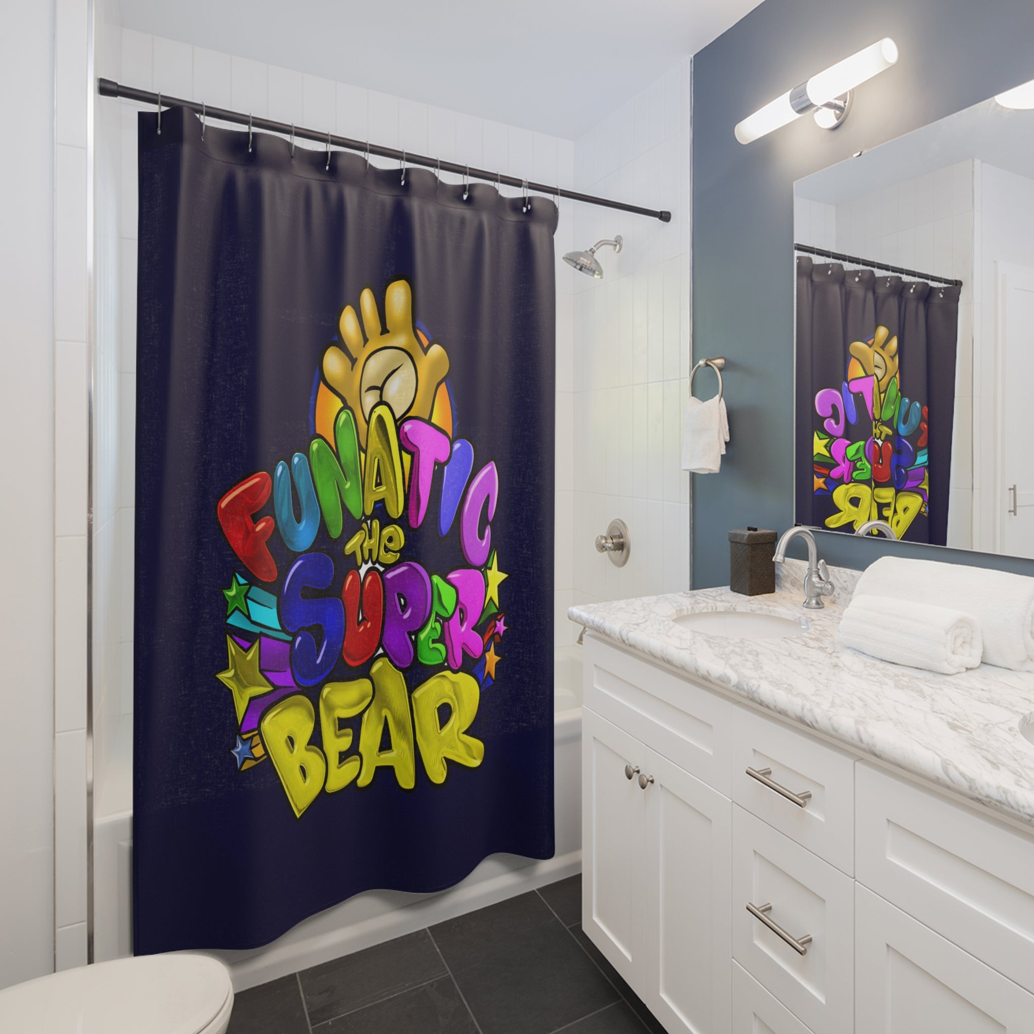 Funatic The Super Bear Navy Blue Shower Curtains