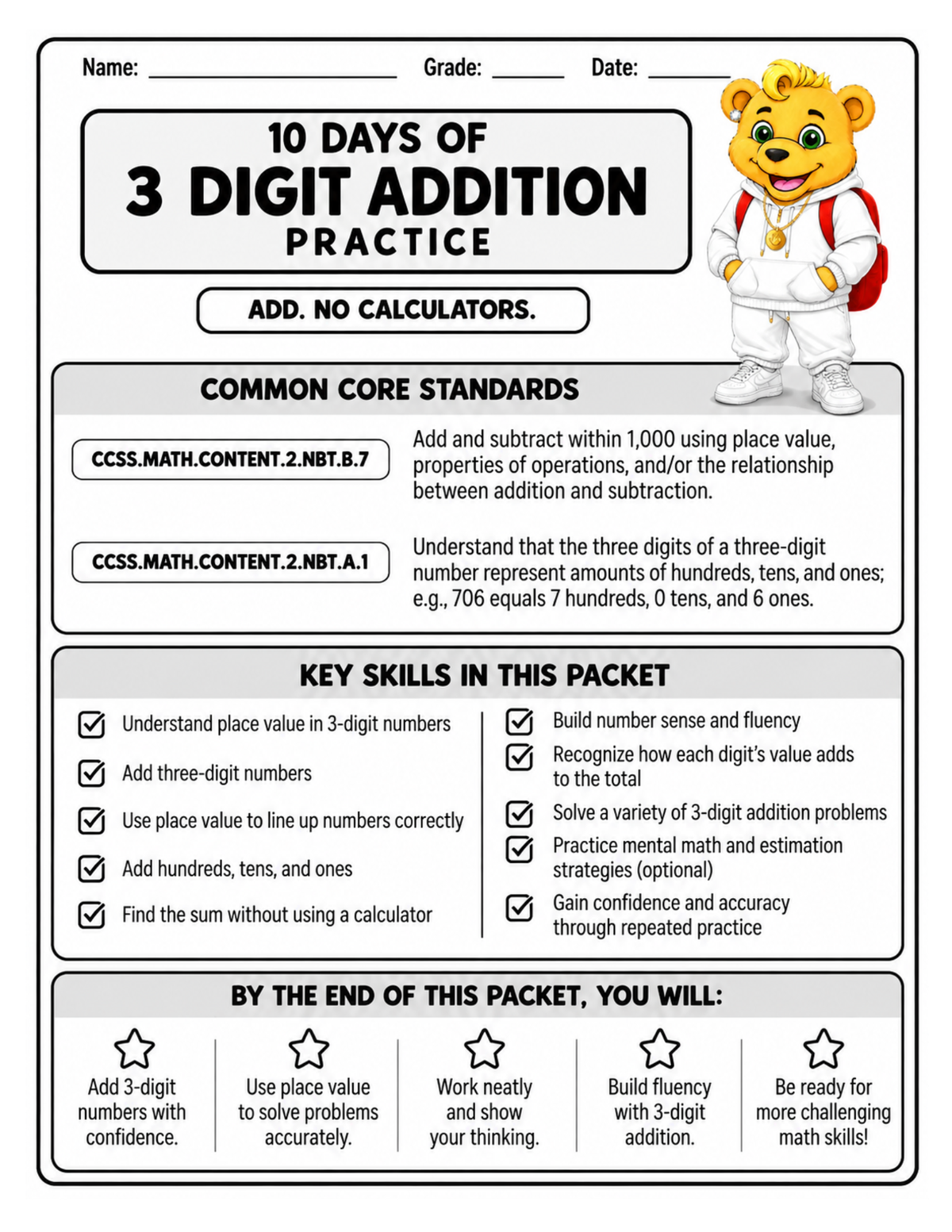 3-Digit Addition Place Value Safety Lines