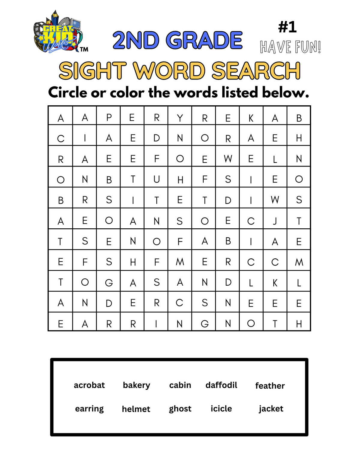 Second Grade Sight Word Search #1