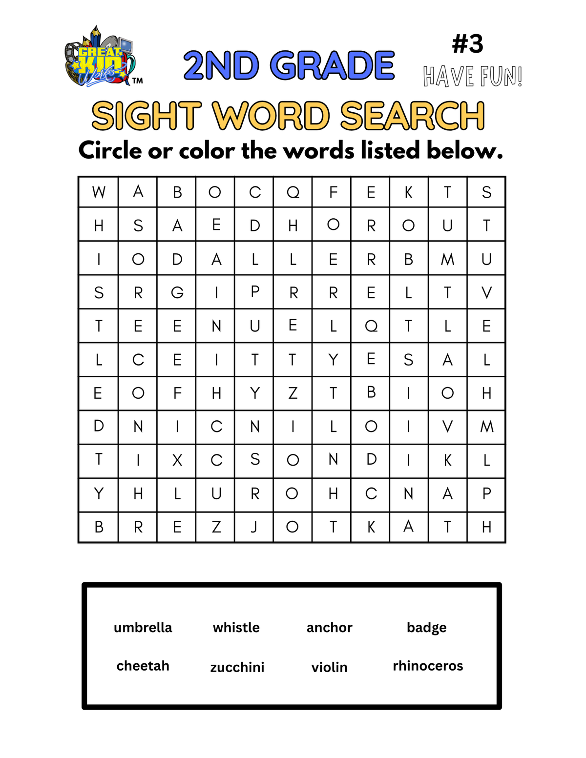 Second Grade Sight Word Search #3