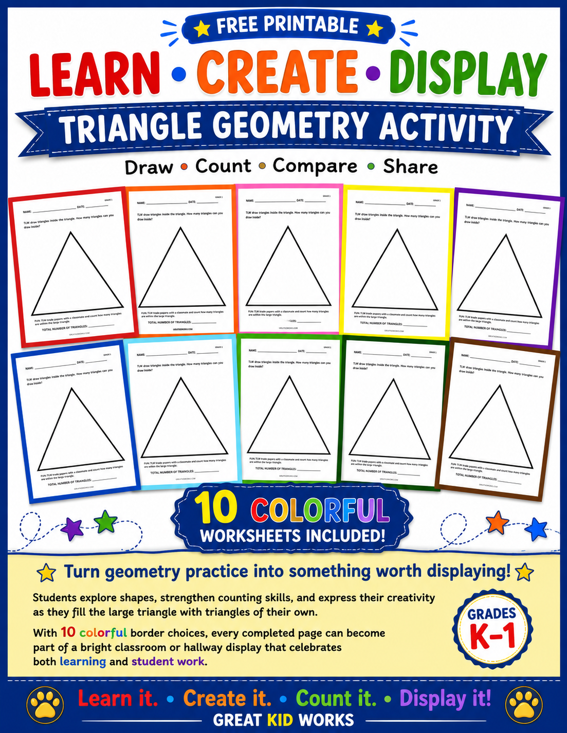 Triangle Geometry Activity – 10 Color Printable Worksheets | Grades K–1