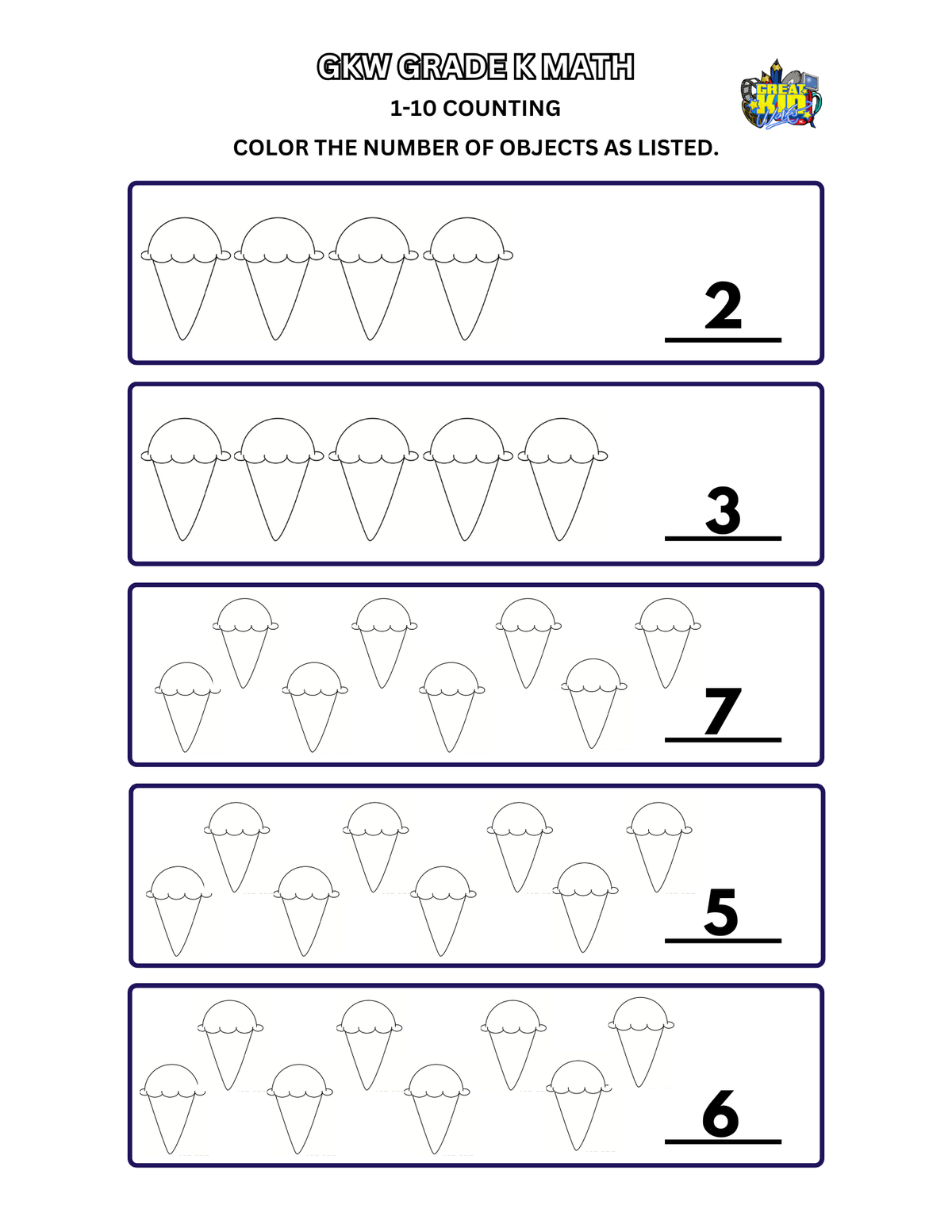 GRADE PRE- K COUNT AND COLOR 1-10