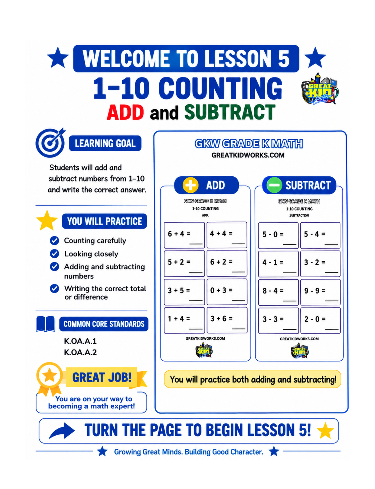 GRADE K MATH WORKBOOK NUMBERS 1-10