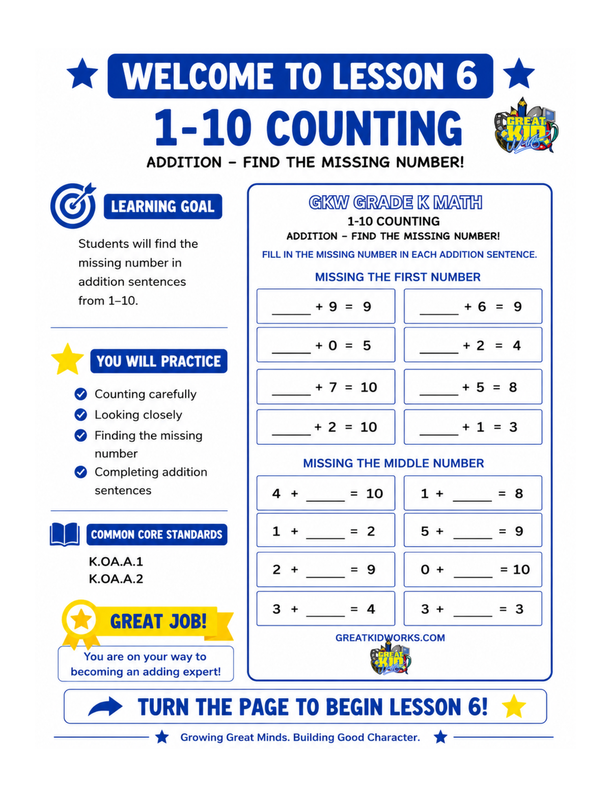 GRADE K MATH WORKBOOK NUMBERS 1-10
