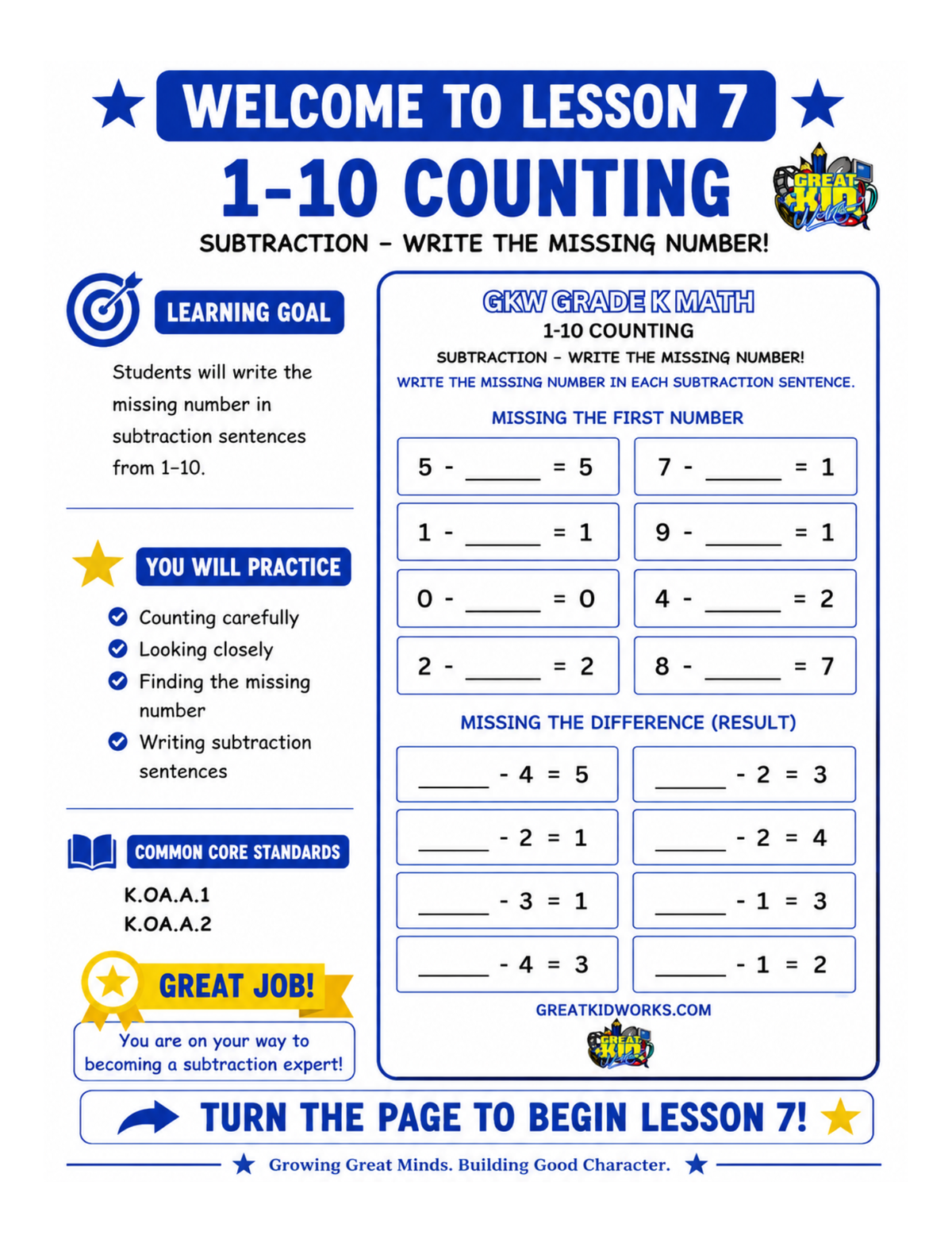 GRADE K MATH WORKBOOK NUMBERS 1-10