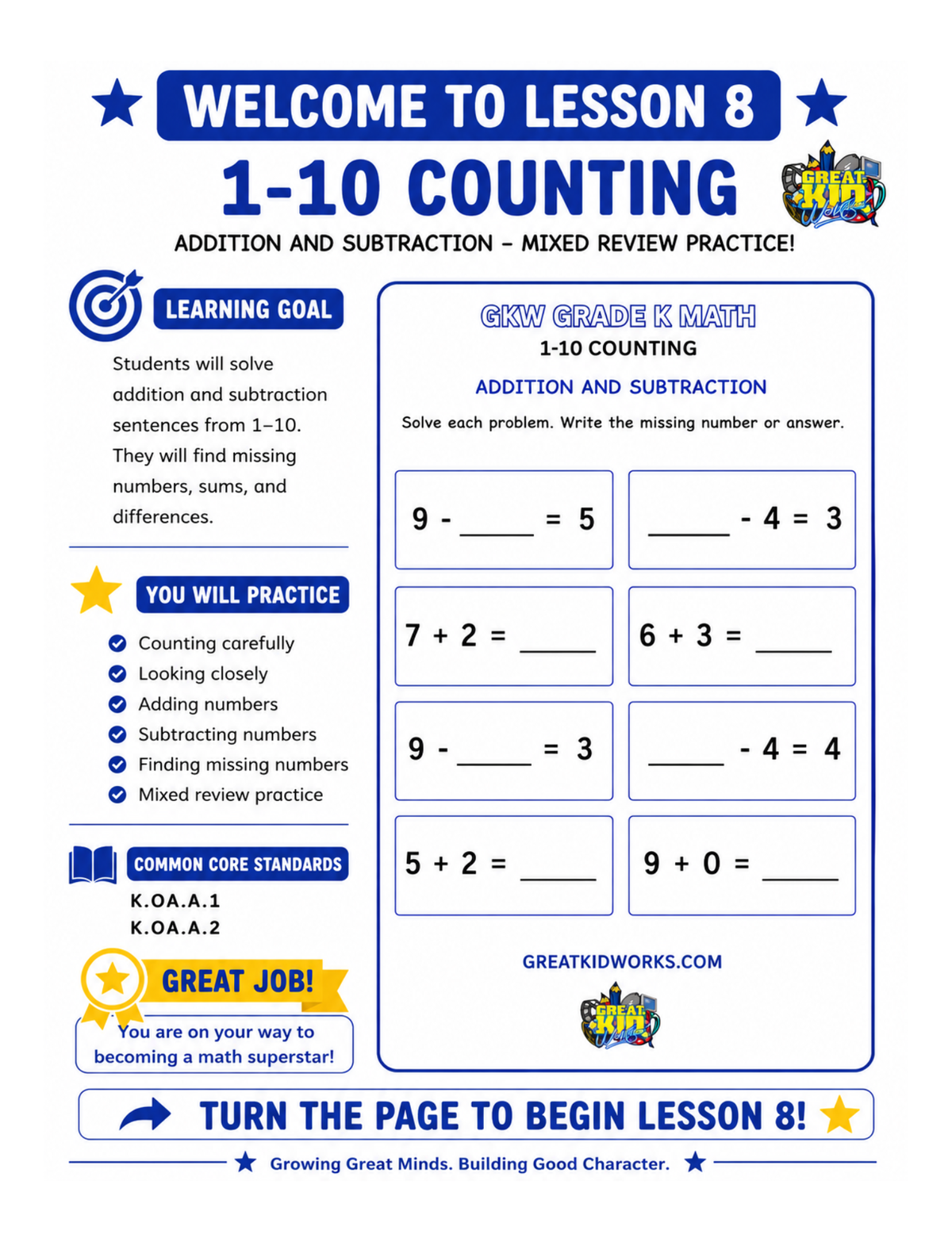 GRADE K MATH WORKBOOK NUMBERS 1-10