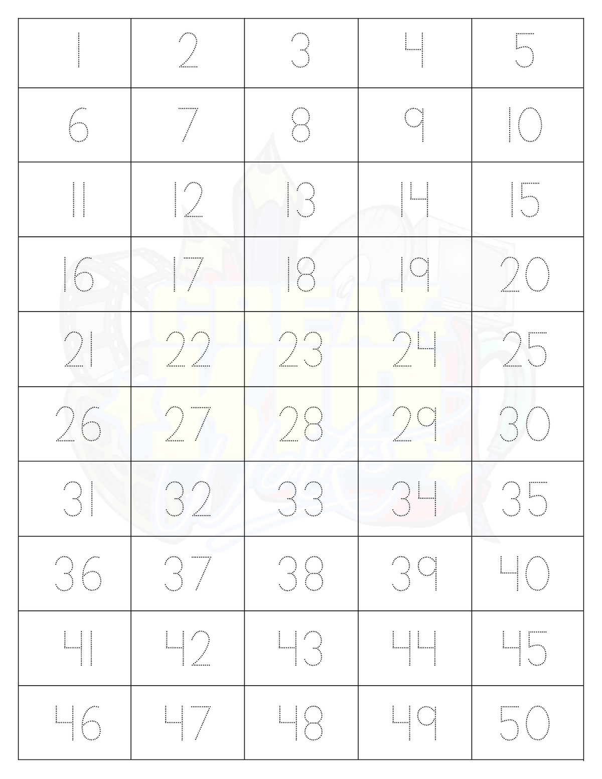 TRACING NUMBERS 1-50 (10 COLORS)
