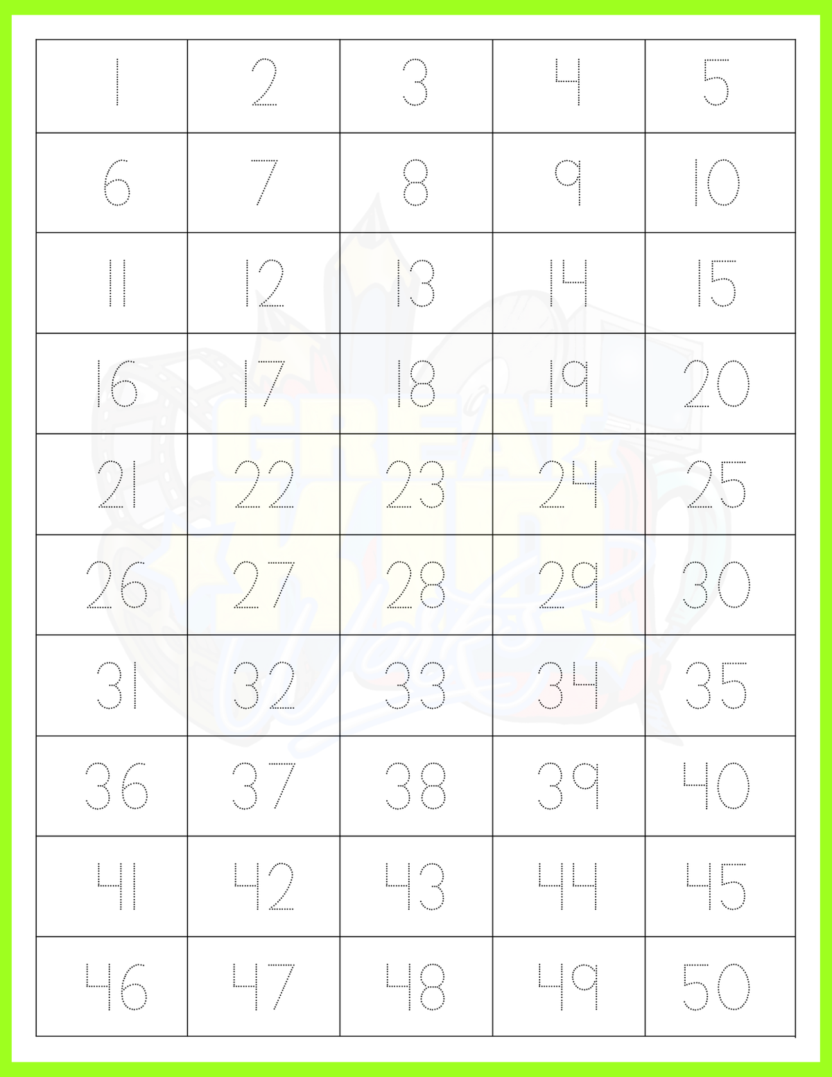 TRACING NUMBERS 1-50 (10 COLORS)