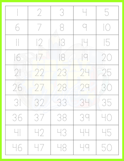 TRACING NUMBERS 1-50 (10 COLORS)