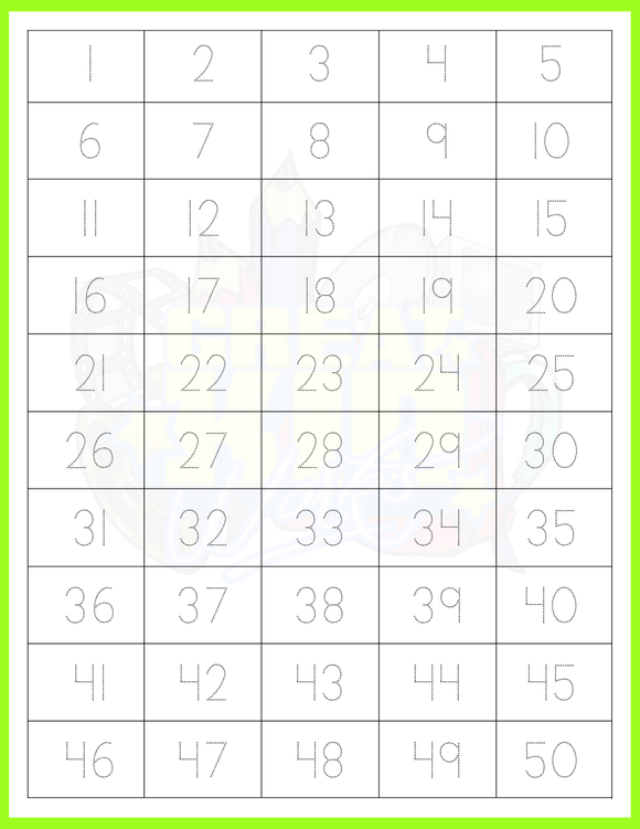 TRACING NUMBERS 1-50 (10 COLORS)