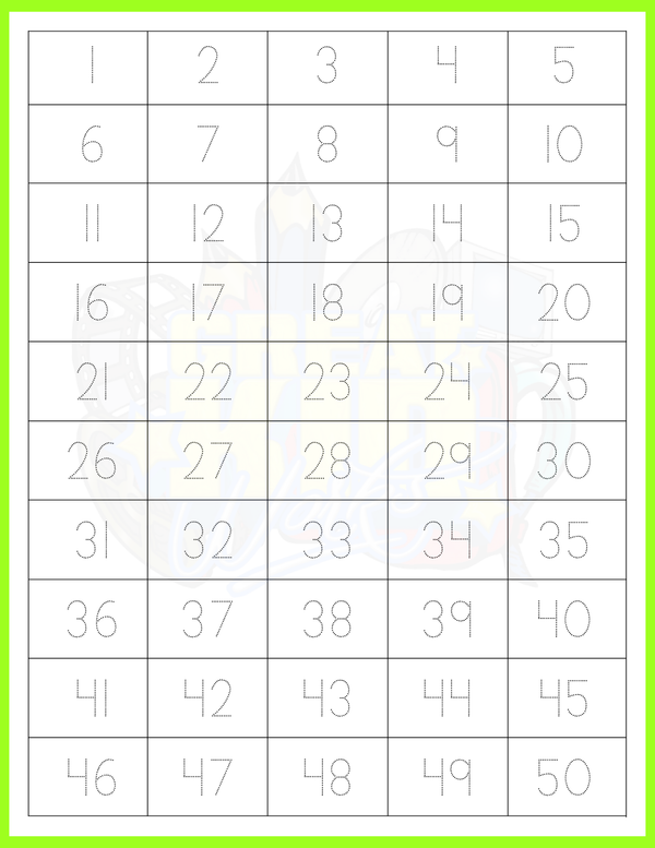 TRACING NUMBERS 1-50 (10 COLORS)