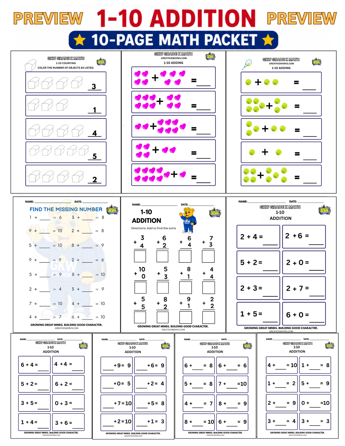 10 PAGE GRADE K ADDITION PACKET