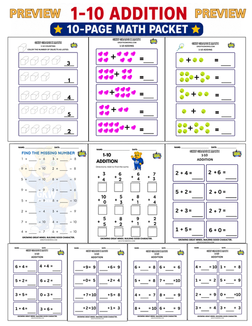10 PAGE GRADE K ADDITION PACKET