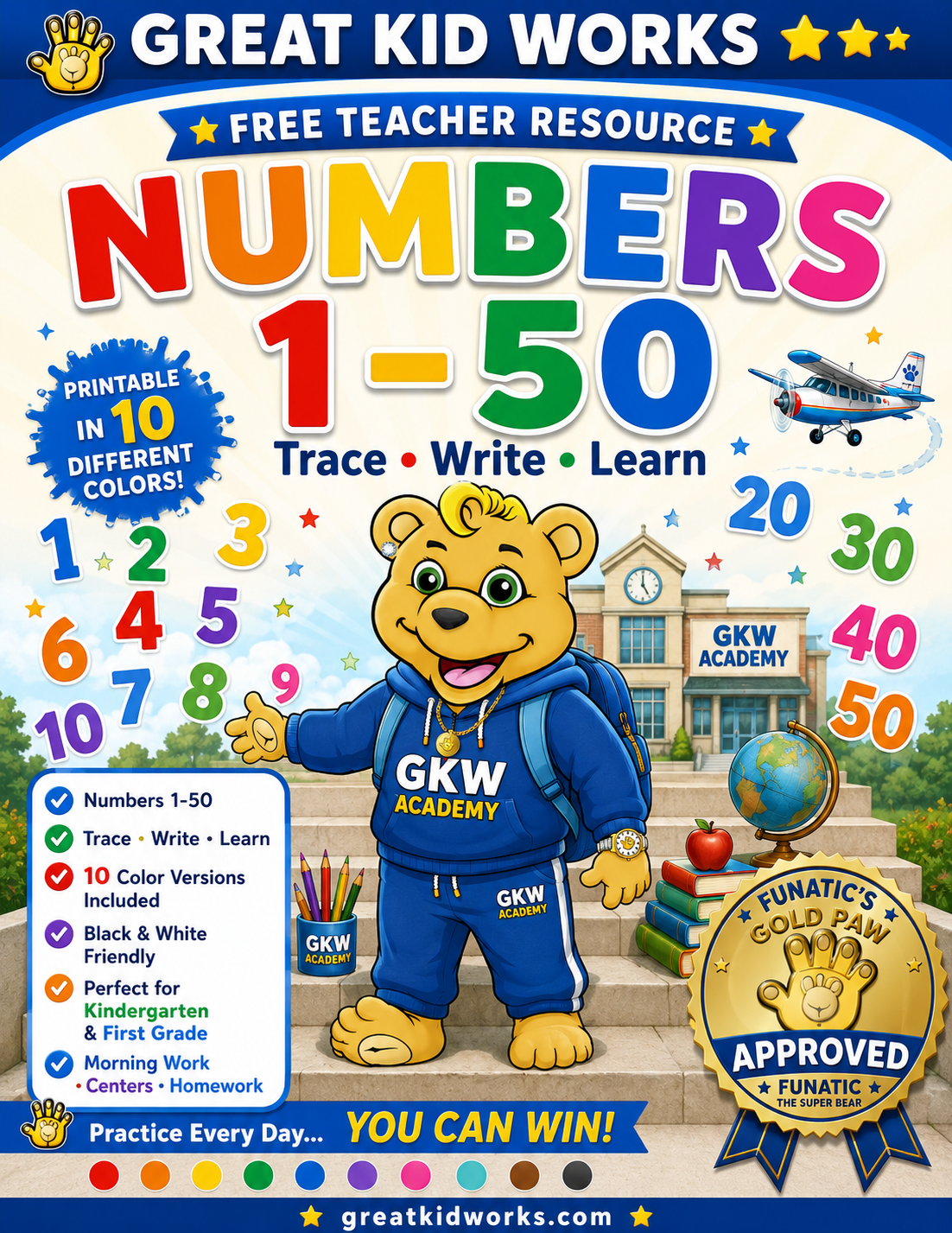 TRACING NUMBERS 1-50 (10 COLORS)